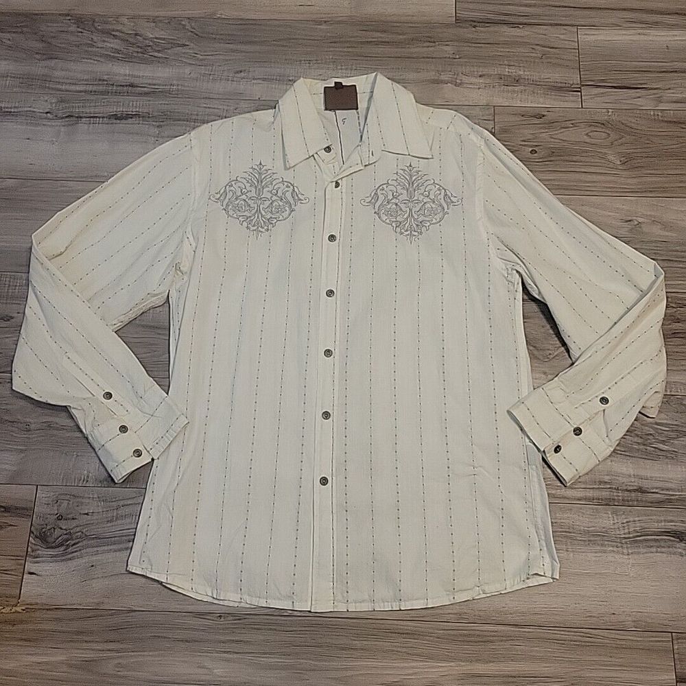 Roar Shirt Men XL White Modern Day‎ Rebel Button Up Long Sleeve Gray Embroidery